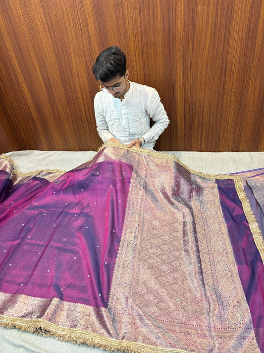 BANARASI VIOLET TISSUE SAREE WITH HANDWOVEN PEARL MOTIFS ZARI WORK WITH LACE
