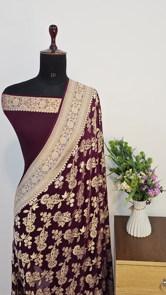 Maroon Pure Banarasi Khaddi Chiffon Handloom Silk Saree