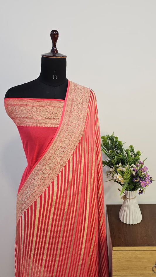 Coral Pure Banarasi Khaddi Chiffon Handloom Silk Saree