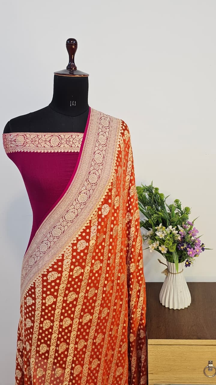 Vibrant Fanta Orange – Pure Banarasi Khaddi Chiffon Handloom Saree