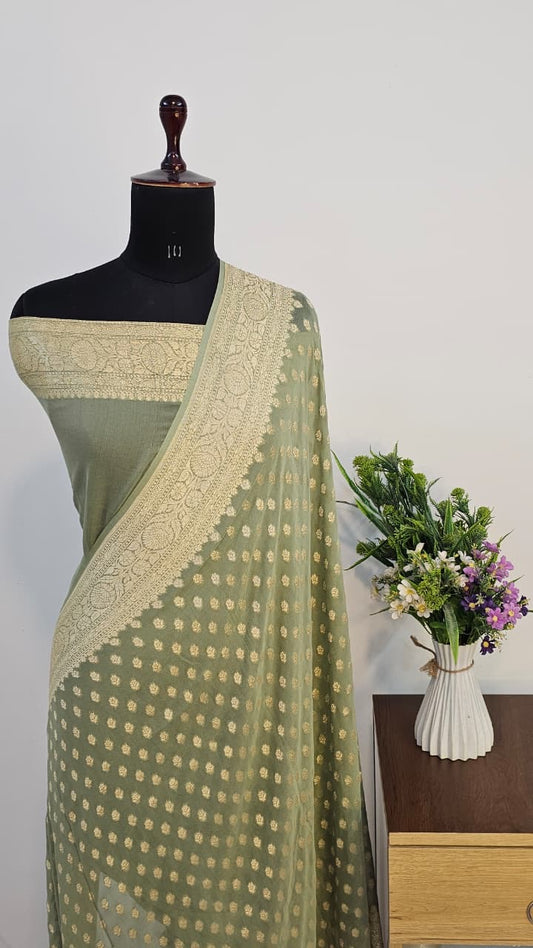 Olive Pure Banarasi Khaddi Chiffon Handloom Silk Saree