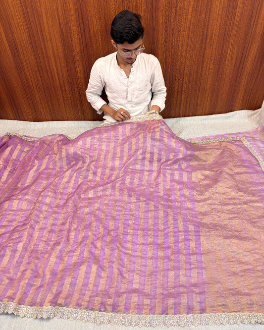 PREMIUM BANARASI TISSUE ORGANZA STRIPE PINK BANARASI SAREE WITH GOTA PATTI LACE