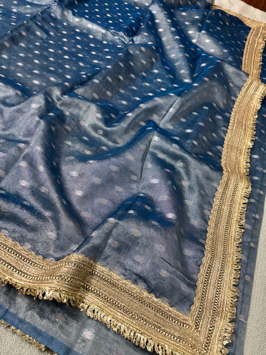 BANARASI FIROZI BLUE TISSUE BOOTY SAREE WITH LACE