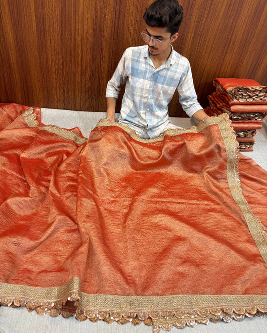 BANARASI RUST ORANGE PLAIN TISSUE SAREE WITH LACE BORDER