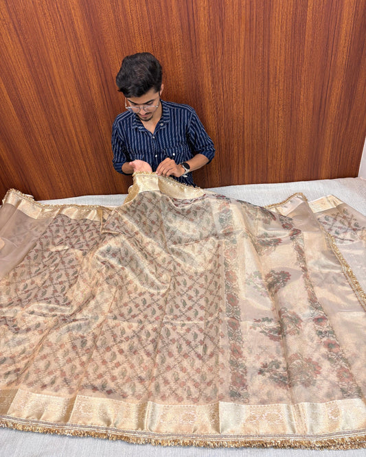 BANARASI SOFT TISSUE PRINTED SAREE WITH TASSELS