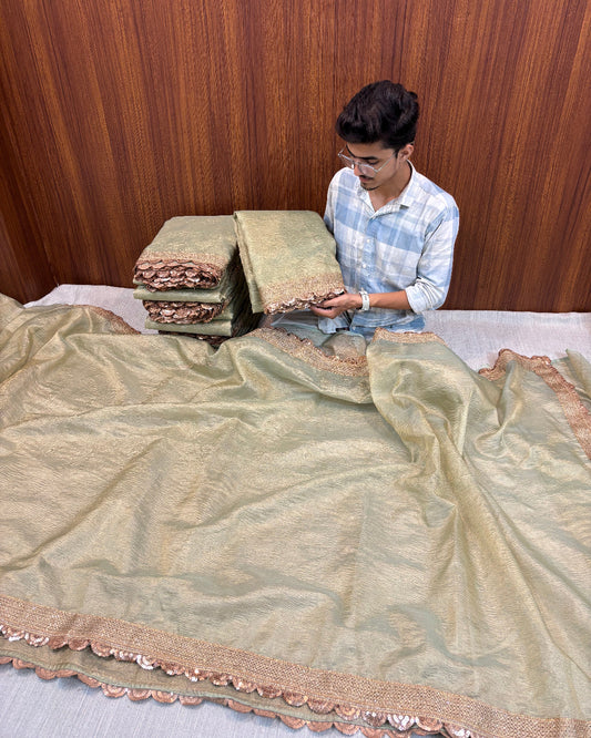 BANARASI RARE PISTA GREEN PLAIN TISSUE SAREE WITH LACE BORDER