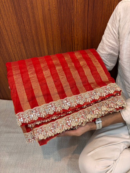 PREMIUM BANARASI TISSUE ORGANZA STRIPE ROYAL RED BANARASI SAREE WITH GOTA PATTI LACE