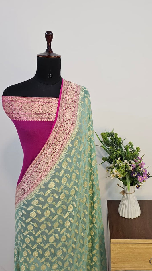 Mint Green Pure Banarasi Khaddi Chiffon Handloom Silk Saree