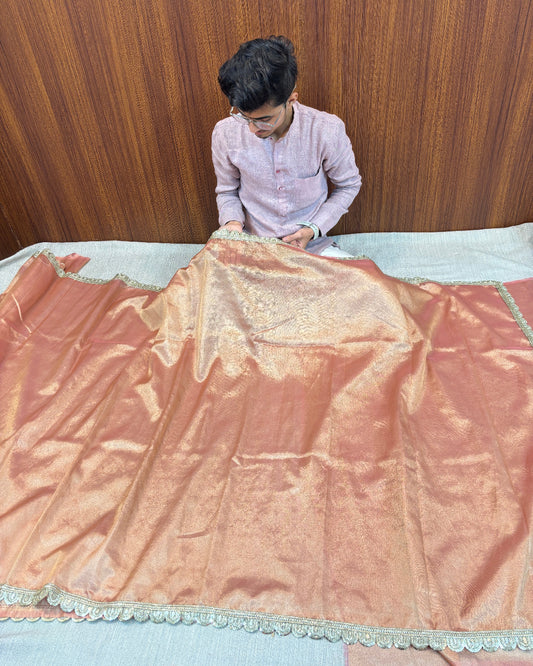 PLAIN BANARASI TISSUE SAREE WITH ELEGANT LACE DETAIL