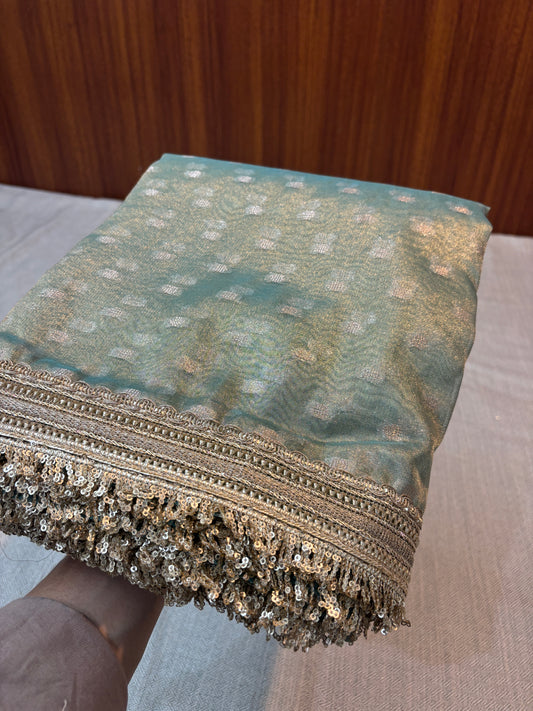 BANARASI EMERALD GREEN TISSUE BOOTY SAREE WITH  LACE BORDER