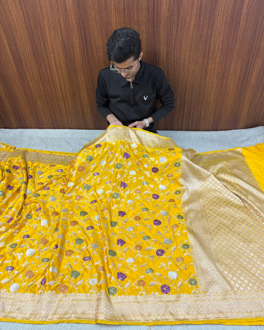 HALDI YELLOW MASHRU KATAN SILK TILFI MEENAKARI BANARASI SAREE