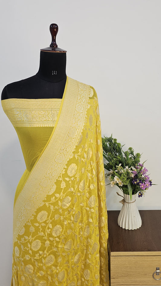 Royal Sunshine Yellow Pure Banarasi Khaddi Chiffon Handloom Saree