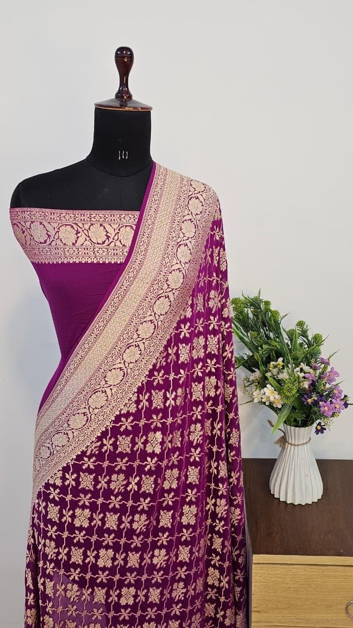 Magenta Pure Banarasi Khaddi Chiffon Handloom Silk Saree