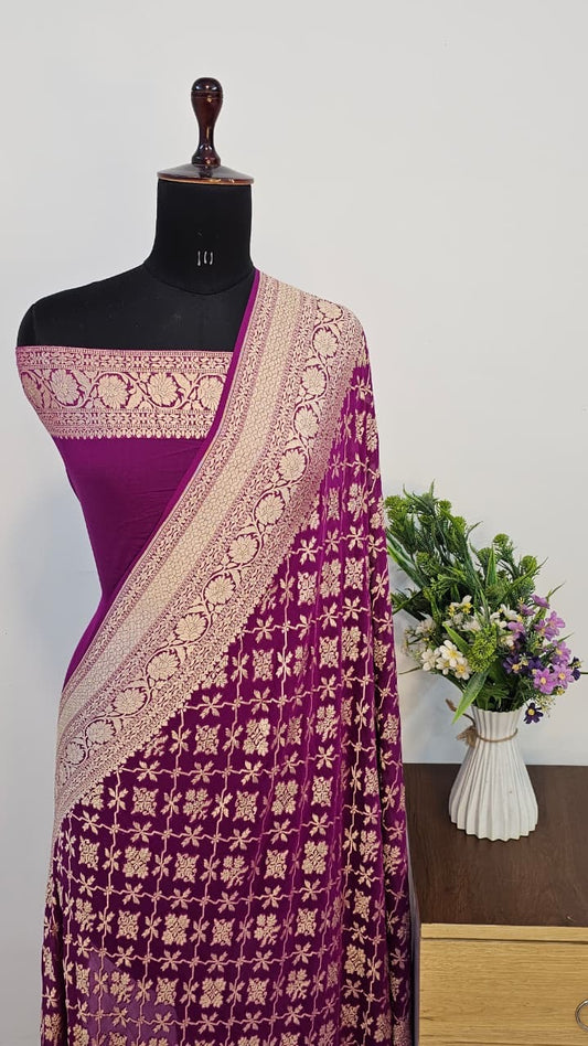 Magenta Pure Banarasi Khaddi Chiffon Handloom Silk Saree