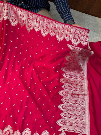Premium Mashru Kataan Silk Heritage Woven Bridal Red Banarasi Saree
