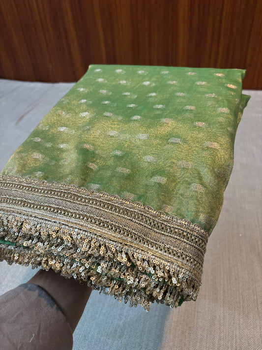 BANARASI PISTAL GREEN TISSUE BOOTY SOFT SILK SAREE