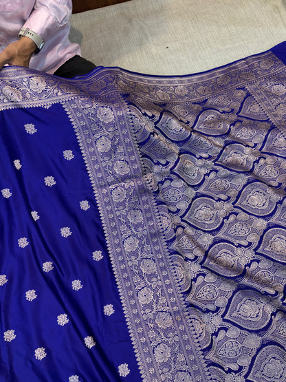 Premium Banarasi Dark Blue Floral Boota Mashru Kataan Silk Saree