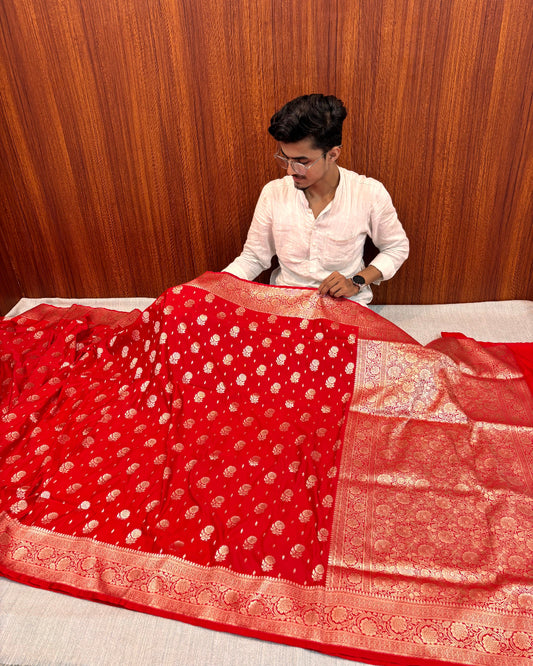 PREMIUM RED FLORAL BANARASI MASHRU KATAAN SAREE