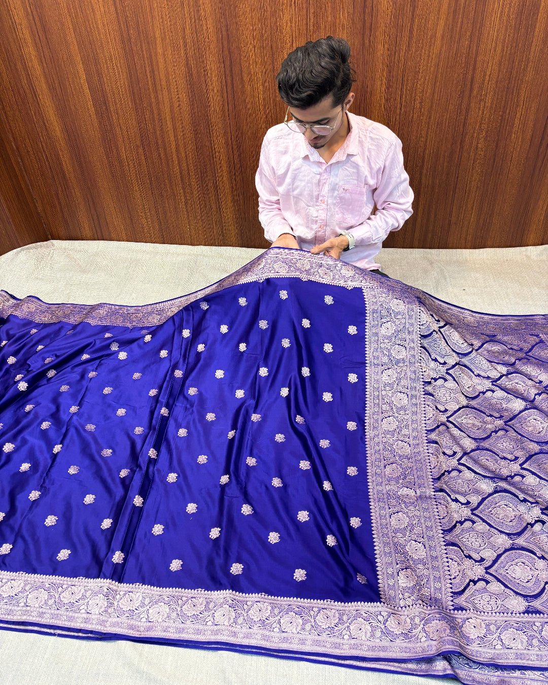 Premium Banarasi Dark Blue Floral Boota Mashru Kataan Silk Saree