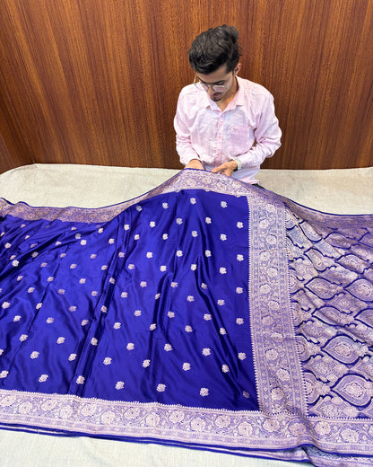 Premium Banarasi Dark Blue Floral Boota Mashru Kataan Silk Saree
