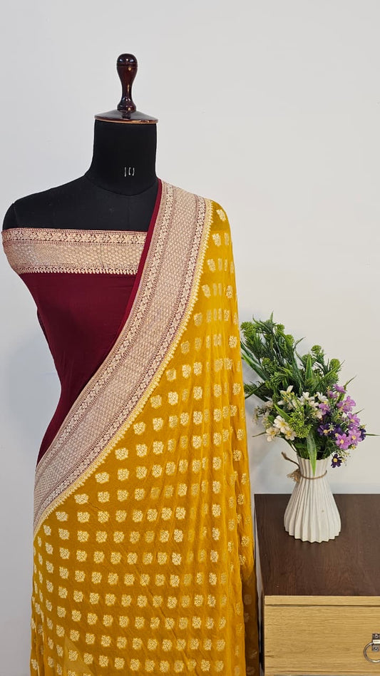 Rich Gold Pure Banarasi Khaddi Chiffon Handloom Silk Saree