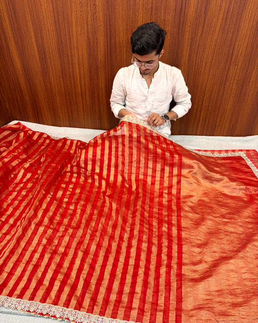 PREMIUM BANARASI TISSUE ORGANZA STRIPE ROYAL RED BANARASI SAREE WITH GOTA PATTI LACE