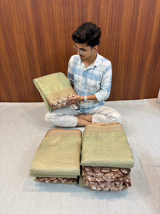 BANARASI RARE PISTA GREEN PLAIN TISSUE SAREE WITH LACE BORDER