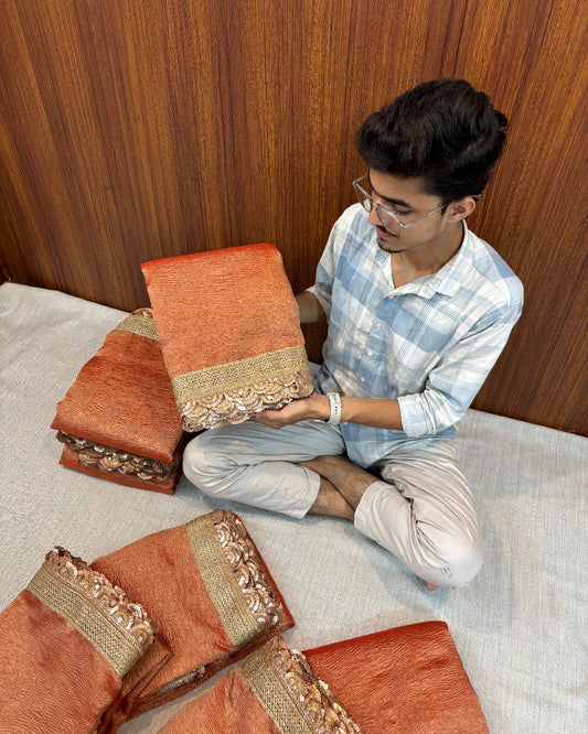 BANARASI RUST ORANGE PLAIN TISSUE SAREE WITH LACE BORDER