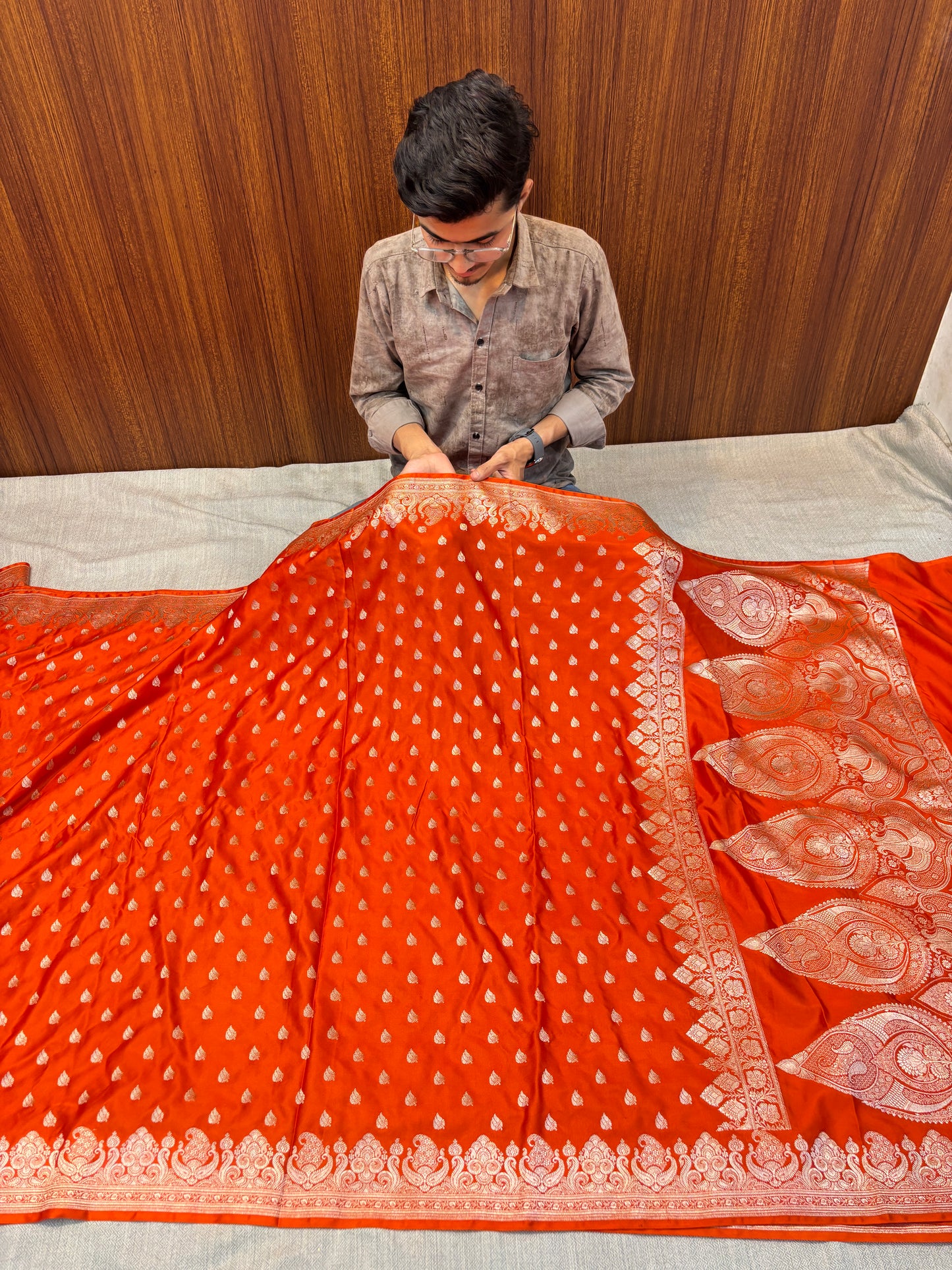 Premium Vibrant Orange Banarasi Mashru Silk Saree