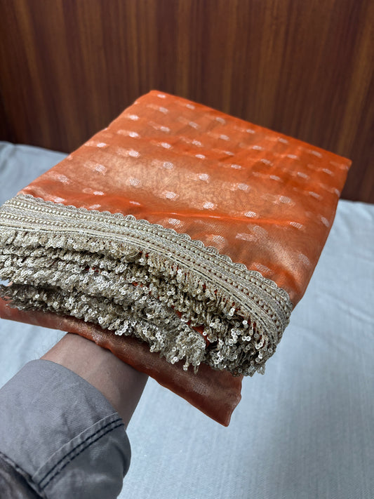 BANARASI RUST ORANGE TISSUE BOOTY SOFT SILK SAREE