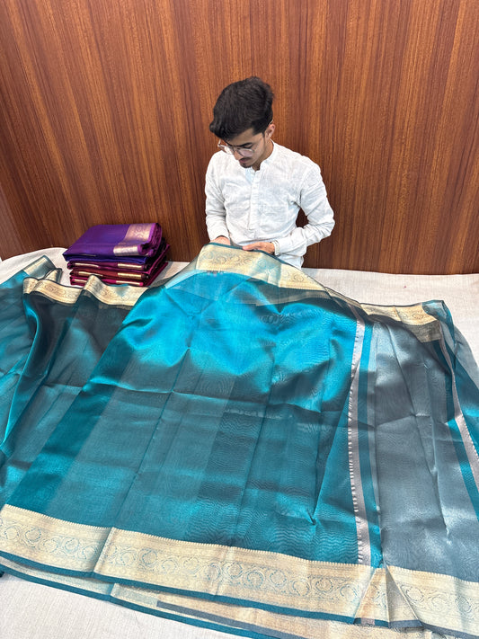 BANARASI OCEON BLUE SOFT TISSUE BORDER SILK SAREE