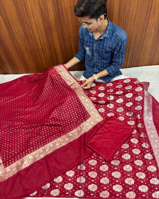 PREMIUM RED BANARASI KATAAN SUIT WITH RICH TEXTURE BOOTA  DESIGN
