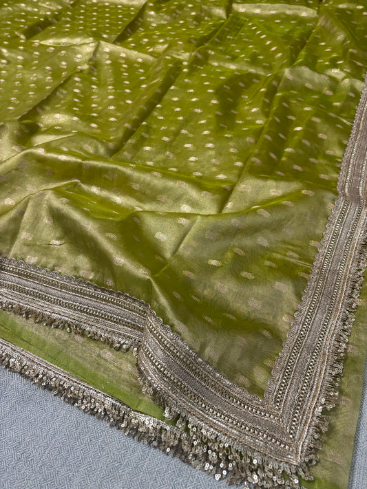 BANARASI OLIVE GREEN TISSUE BOOTY SAREE WITH LACE