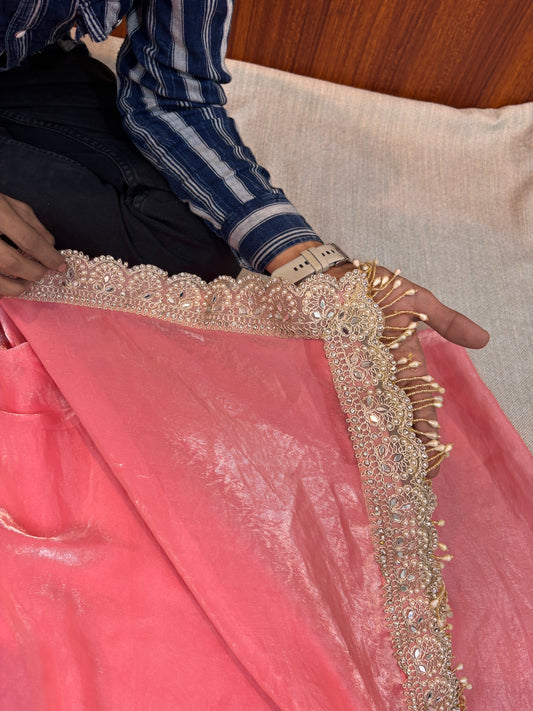 PREMIUM BANARASI ULTRA SHINY SOFT LUXURY TISSUE PLAIN SAREE WITH LACE