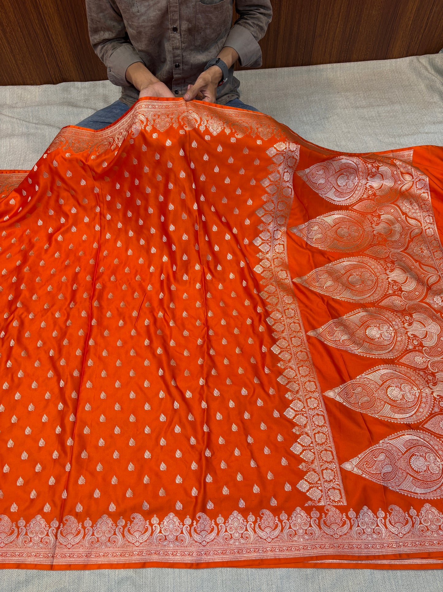 Premium Vibrant Orange Banarasi Mashru Silk Saree