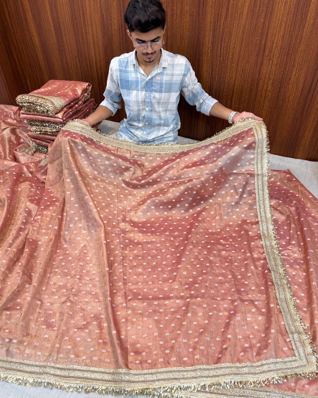 BANARASI SOFT LOW PINK TISSUE BOOTI SAREE WITH  LACE