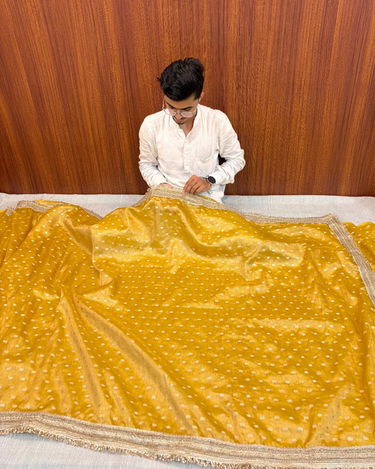 BANARASI HALDI YELLOW TISSUE BOOTY SAREE WITH LACE