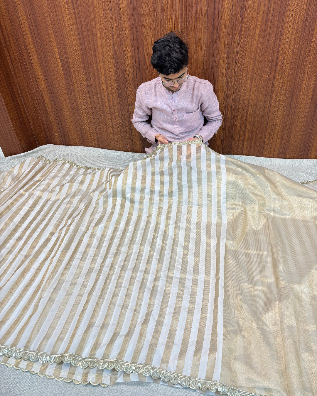 OFF WHITE STRIP SOFT DUPION X ZARI BANARASI SAREE
