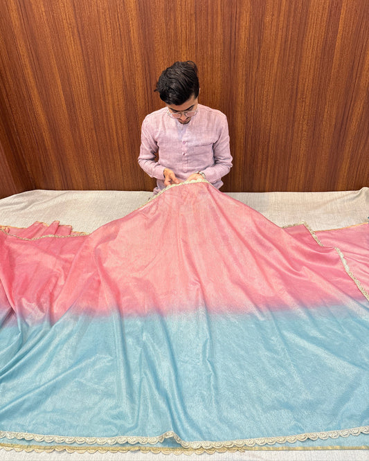 PURE MUL X COTTON SAREE – DUAL TONE ELEGANCE PINK & SKY BLUE BANARASI SILK SAREE